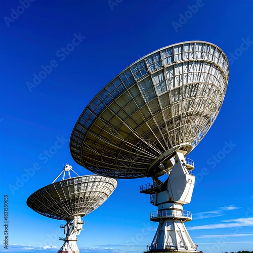 Large radio telescopes against a clear blue sky
