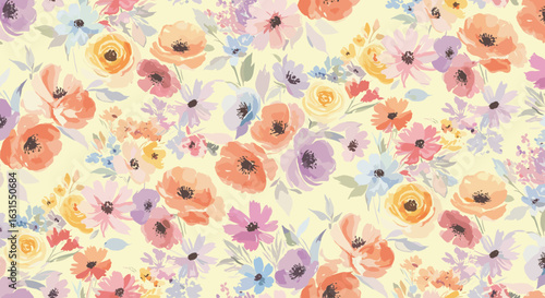 Floral watercolor pattern with orange, pink, and yellow flowers on a soft yellow background for a delicate design