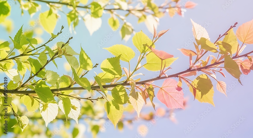 Bright Springtime Branch with Fresh Green and Pink Leaves against Sky Bright Springtime Branch with Fresh Green and Pink Leaves against Sky