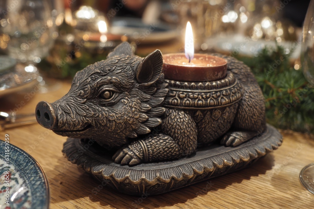 Fototapeta premium Wild Boar Candle Holder Art Hog Statue Decoration Rustic Country Chic Animal Theme Decor Home Accent Piece Bronze Finish