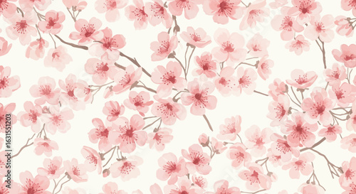 Seamless pattern of pink cherry blossom branches on a light background showcases a delicate floral design, perfect for spring and nature themes.