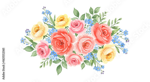 Watercolor floral arrangement featuring roses, leaves, and small blue flowers on a white background for design projects
