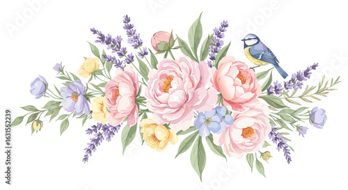 Watercolor floral arrangement with pink peonies, lavender, and a blue tit bird illustration for spring designs