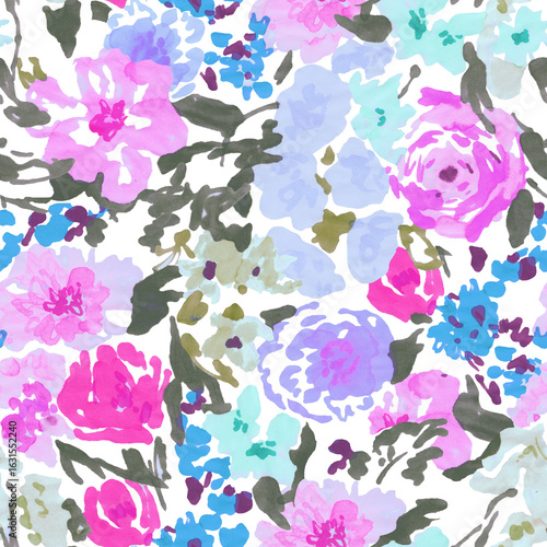 Floral watercolor seamless pattern hand drawn. Multicolored Print with abstract bright flowers for wallpaper, fabric.