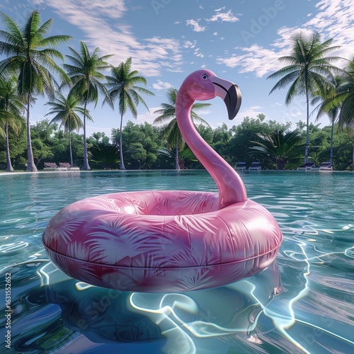A serene summer morning by a pristine pool with a large flamingo-shaped float lazily floating in the calm water.