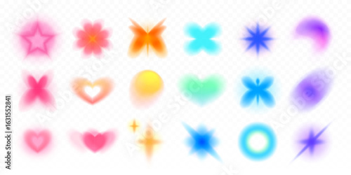 Set of soft blurred gradient shapes, stars, flowers, circles, hearts. Abstract isolated colorful shape blurs, various geometric forms, aesthetic aura elements, glowing effect. Vector gradient mesh.