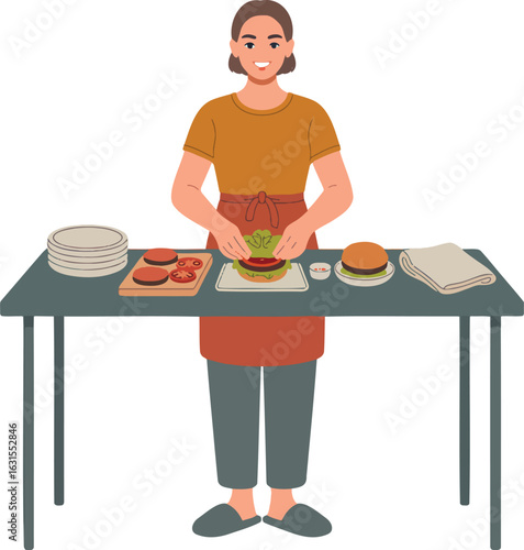 Smiling Woman Assembling Burger at Table with Fresh Ingredients Flat Vector Illustration Isolated on Transparent Background