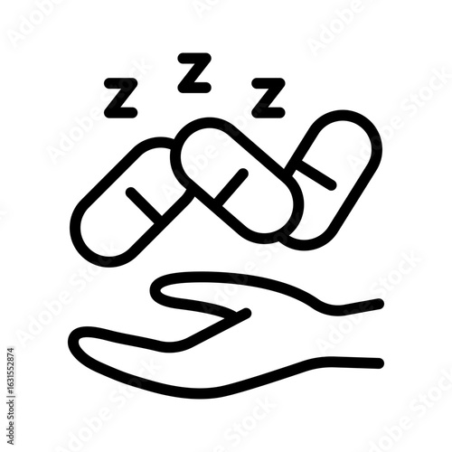 Sleeping Pills in Hand Outline Icon. Sleep Aid Medication. Nighttime Rest And Relaxation. Insomnia Relief Line Symbol. Isolated Vector Illustration, isolated on white background.