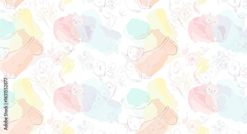 Pastel watercolor cats seamless pattern with floral and butterfly motifs, gentle and whimsical design, perfect for backgrounds