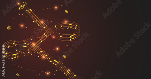 Holiday Red Music Background with Golden Notes and Snowflakes
