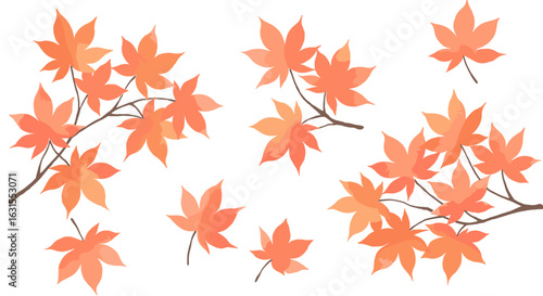 Watercolor illustration of vibrant orange and red maple leaves on branches, isolated on white, autumnal nature design