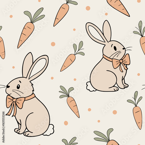 Baby Rabbit Seamless Pattern in Beige – Cute Watercolor Bunnies with Carrots and Ribbon Bows for Spring and Easter Design