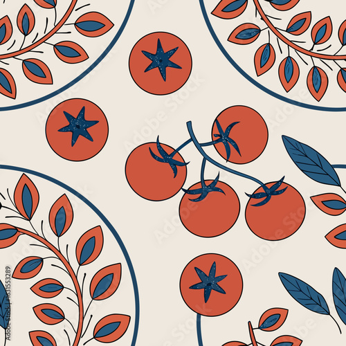 Mediterranean Summer Seamless Pattern – Cute Italian Cuisine Elements, Farm Tomatoes & Traditional Ceramic Plates for Textile and Kitchen Design