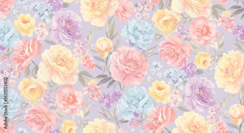 Pastel floral pattern with watercolor painting style featuring peonies, roses, and small blossoms in soft colors