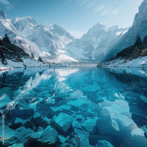A serene turquoise lake with still, mirror-like water reflecting the surrounding snowy peaks, bathed in soft light.