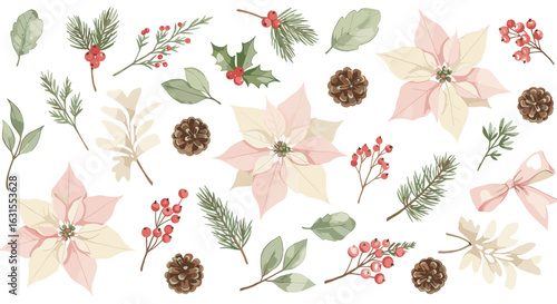 Watercolor winter floral elements arrangement with poinsettias, pinecones, berries, and leaves for festive designs
