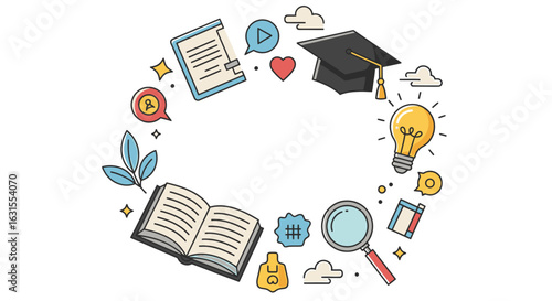 Creative Educational Illustration Featuring a Circular Arrangement of Symbolic Elements Representing Learning, Knowledge, and Academic Achievement for Use in Various Educational and Marketing