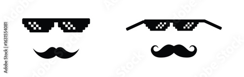 black sunglasses. Pixel art sunglasses with white light reflection and white background. Pixel Art Shades Cool Thug Glasses Vector Illustration.