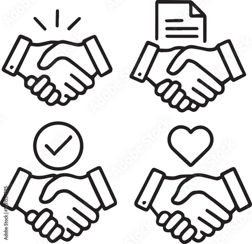 handshake icon set. business agreement, friendly handshake icons. partnership deal symbol for apps, ui, website, design element. transparent vector illustration
