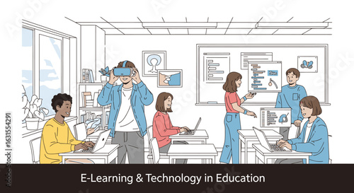 Engaging Classroom Scene Showcasing E-Learning and Innovative Technology Integration in Education with Students Using VR Goggles and Laptops for an Interactive Learning Experience