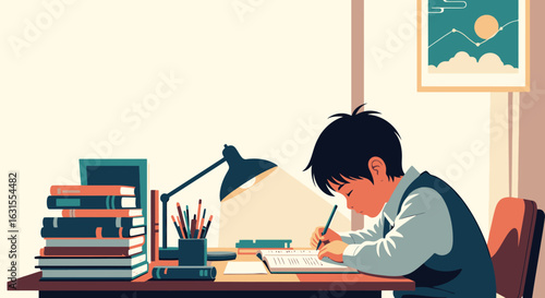 Focused Young Student Engaged in Homework at a Cozy Study Desk Surrounded by Books and Stationery, Perfect for Educational Themes and Childhood Learning Representation