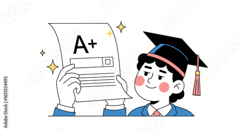 Happy Graduate Celebrating Academic Excellence with A+ Report Card Surrounded by Sparkles and a Graduation Cap, Symbolizing Success, Achievement, and the Joy of Education