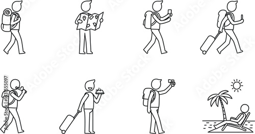 Set of outline icons depicting travel and leisure activities vacation tourism
