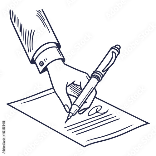 A hand is signing a document with a pen isolated on white background
