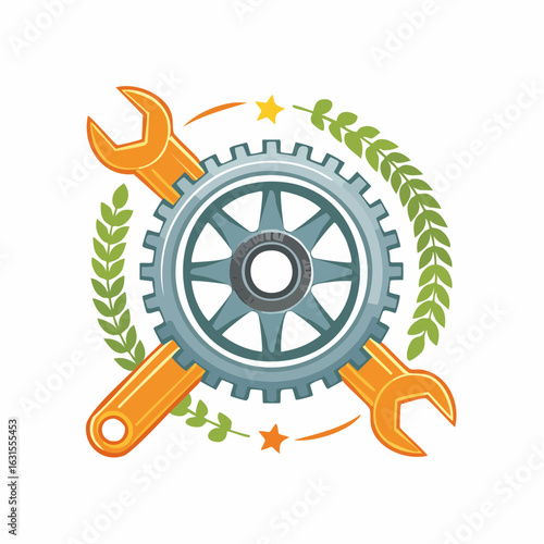 Logo-style badge icons for auto repair business: gear, piston, tire and spanner; ideal for branding.
