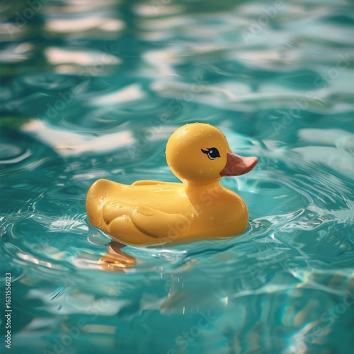 A serene view of a bright yellow duck-shaped pool float slowly drifting across a turquoise pool in perfect clarity.