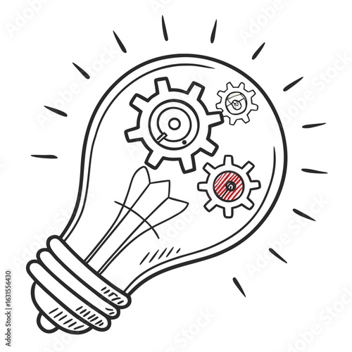 Hand drawn lightbulb with gears inside, symbolizing idea generation isolated on white background