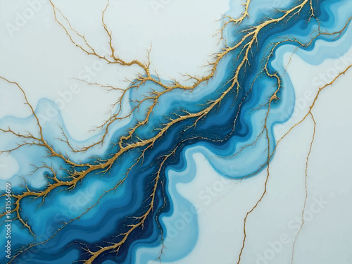 Blue liquid marble fusion on white background
