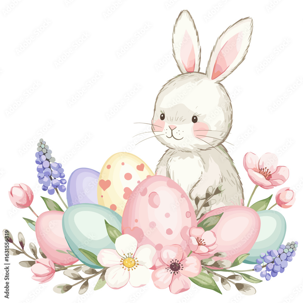 Obraz premium Adorable Easter Bunny with Decorated Eggs and Spring Flowers Illustration for Seasonal Greetings