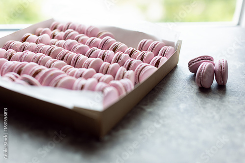Franch macaron in the box on the table.