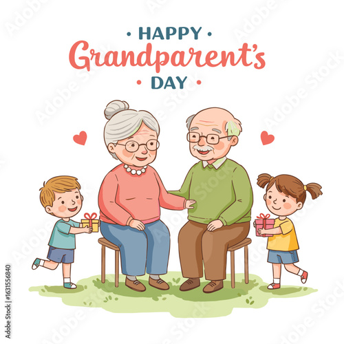 Happy Grandparent's Day celebration with grandchildren giving gifts to grandparents sitting on chairs outdoors cheerfully
