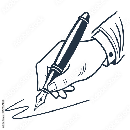 Illustration of a hand writing a signature with a fountain pen on white background