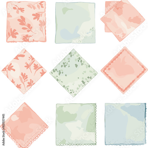 Collection of vintage handkerchiefs in pastel colors with floral and lace designs for textile decoration