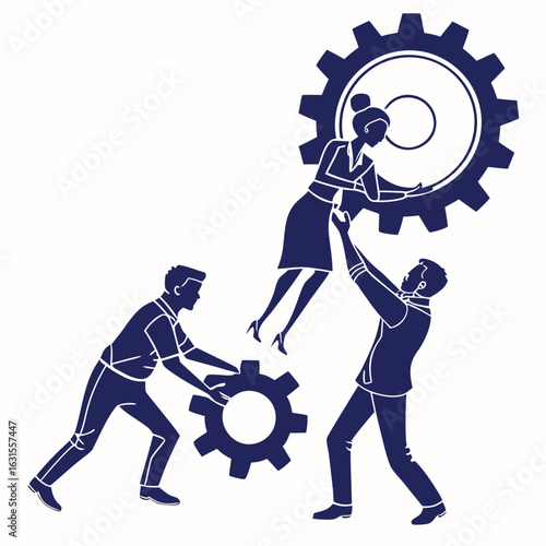 Illustration of a team working together to turn gears isolated on white background