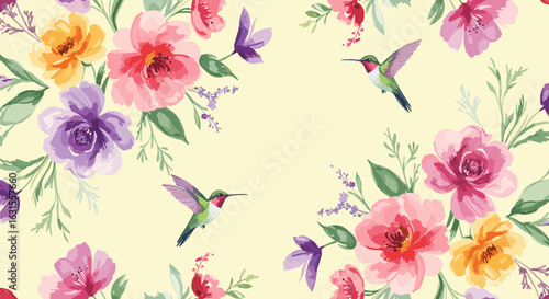 Floral watercolor pattern with hummingbirds and colorful flowers creates a charming and vibrant design aesthetic