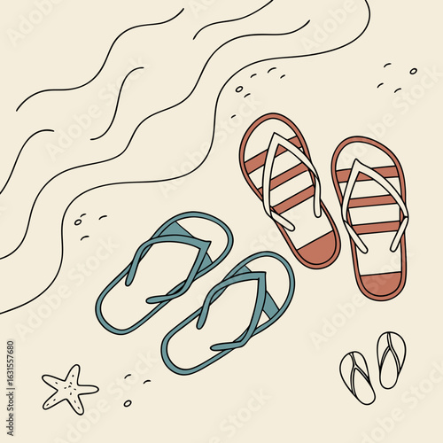Illustration of flip flops on the beach sand with starfish and waves, perfect for summer