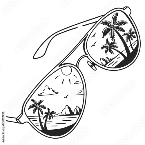 Illustration of sunglasses reflecting a tropical beach isolated on white background
