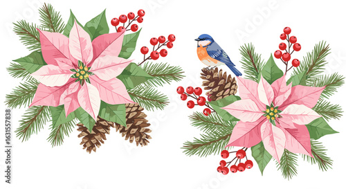 Watercolor Christmas floral arrangement with poinsettia, pine cones, berries, and bluebird for holiday season