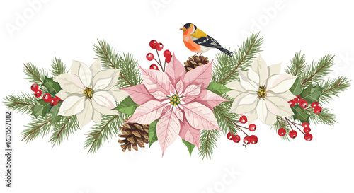 Festive Christmas floral arrangement with poinsettias, pine branches, berries, pine cones and a cheerful goldfinch bird
