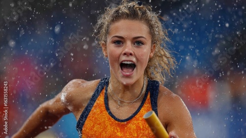Determined female athlete running relay race in rainy stadium