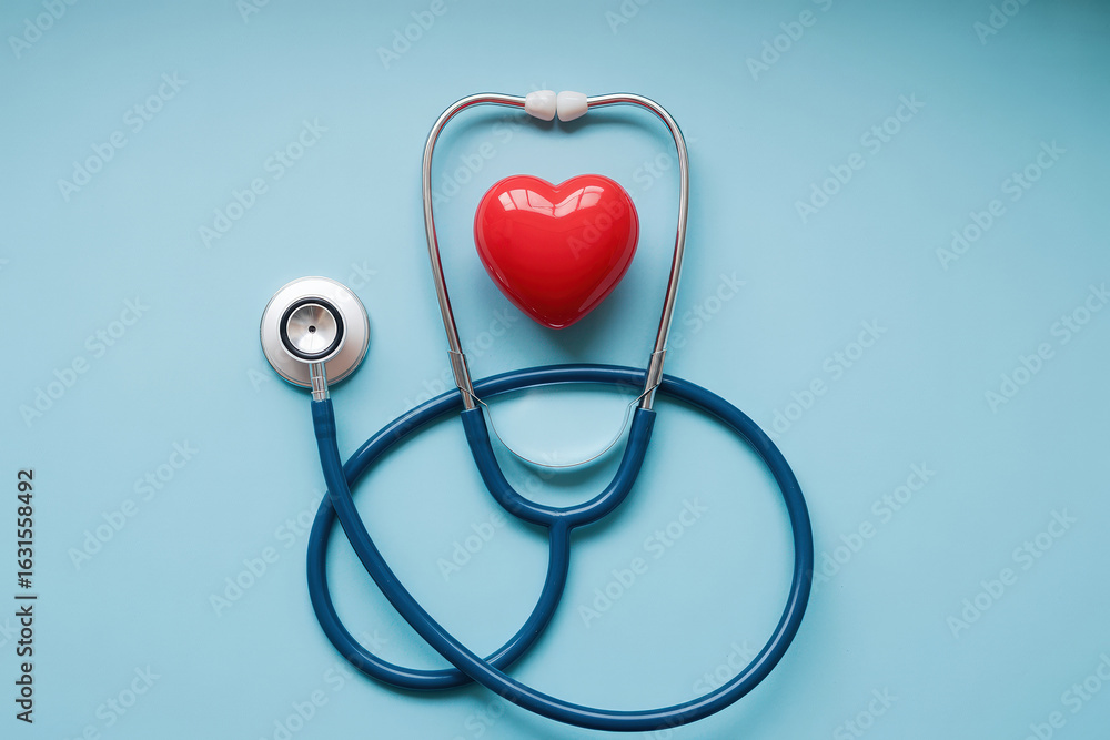 Heart Health Concept Stethoscope and Red Heart Symbol on Light Blue Background Promoting Medical Checkups and Cardiovascular Wellness Heart Health Concept Stethoscope and Red Heart Symbol on Light Blue Background Promoting Medical Checkups and Cardiovascular Wellness
