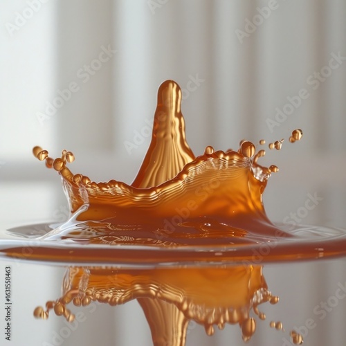 A single drop of liquid causing a high-speed splash on a reflective surface, with sharp details of the ripples.