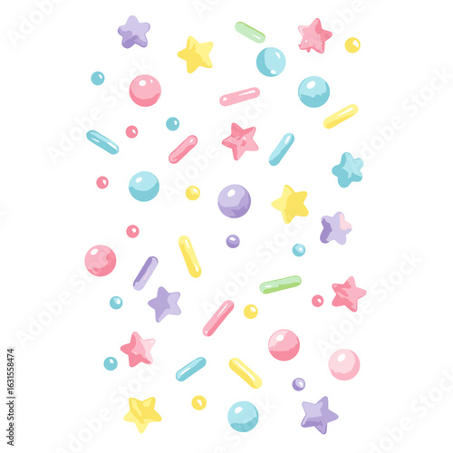 Pastel sprinkles background with colorful stars, round candy balls, and sugar rods in a sweet pattern, ideal for design