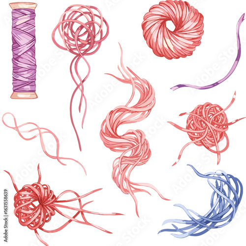Watercolor illustration of yarn threads and a spool in various shapes and arrangements on white background