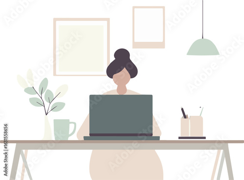 Woman working from home office vector illustration freelancer working on laptop computer at her desk with plants mug and stationery supplies modern minimalist