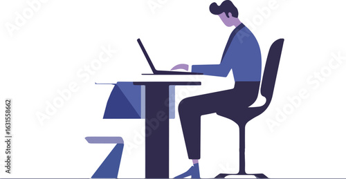 Man working on laptop sitting on chair vector illustration for web design banner poster sticker card and textile design concept for freelance work from home